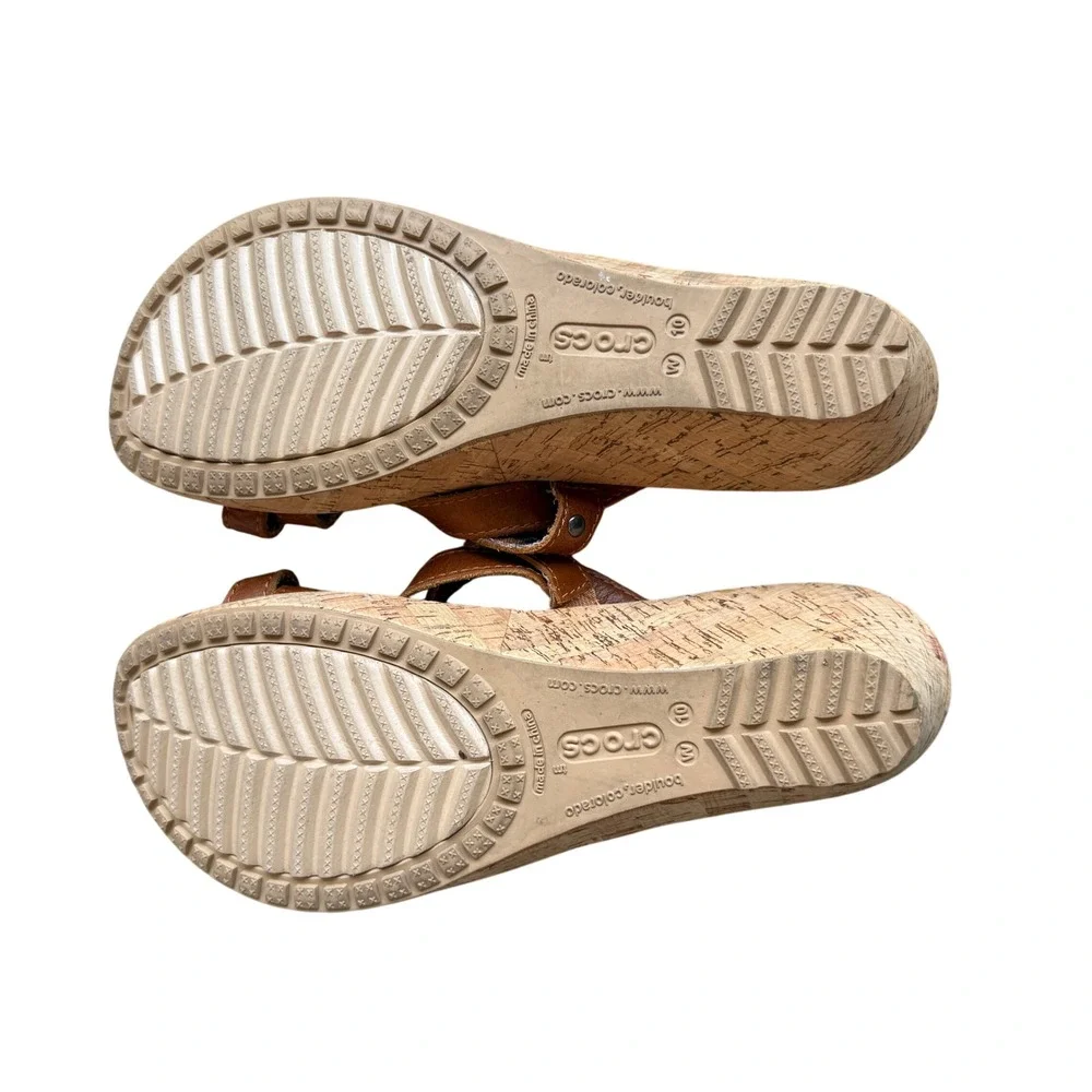 Crocs A-Leigh Cork Wedge Sandals Brown Leather Strap Slip On Slide Women's Sz 10